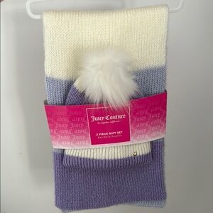 Juicy Couture White and Purple Knit Hat and Scarf Set